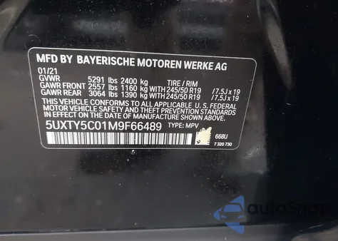 2021 BMW X3 xDrive30I из США, поврежденный, VIN 5UXTY5C01M9F66489